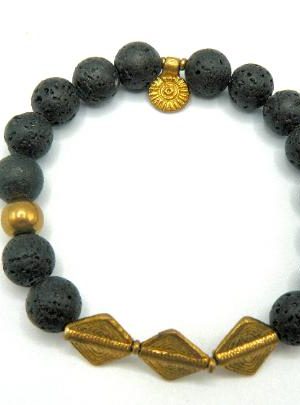 Men Bracelet with Black semi precious natural stones set on a strong and durable elastic band with rhomubs shaped matte gold plated brass garnishments.
