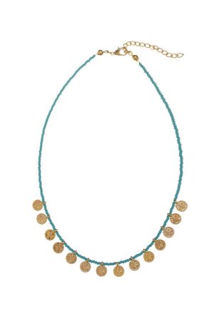Gold plated brass necklace with Turquoise coloured beads, ethnic coins and lobster clasp adjustable closure