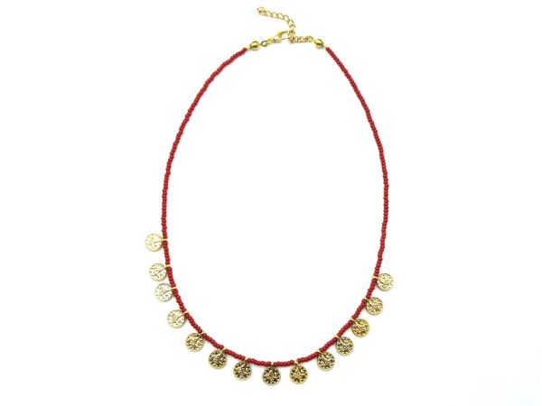 Gold plated brass necklace with Red coloured beads, ethnic coins and lobster clasp adjustable closure