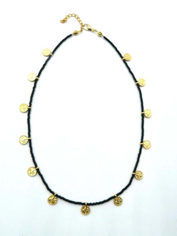 Gold plated brass necklace with Black coloured beads, ethnic coins and lobster clasp adjustable closure
