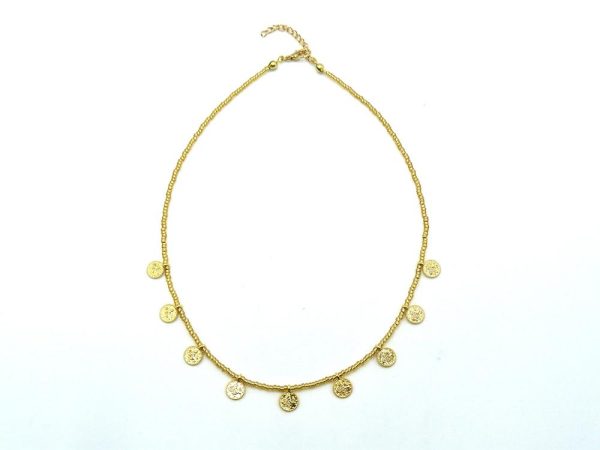 Gold plated brass necklace with Gold coloured beads, ethnic coins and lobster clasp adjustable closure