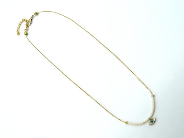 Gold Plated Brass Thin Chain Necklace with White Beads, Eye of Horus Charm and Lobster Clasp Adjustable Closure