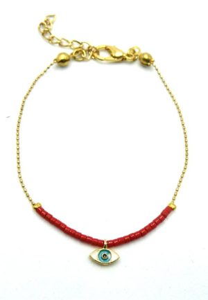 Gold Plated Brass Thin Chain Bracelet with Red Beads, Eye of Horus Charm and Lobster Clasp Adjustable Closure
