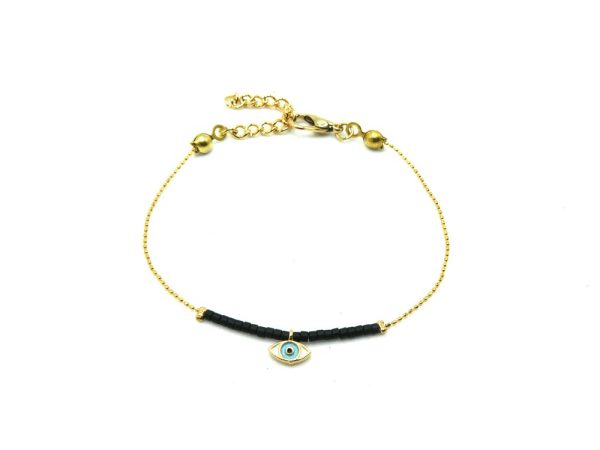 Gold Plated Brass Thin Chain Bracelet with Black Beads, Eye of Horus Charm and Lobster Clasp Adjustable Closure