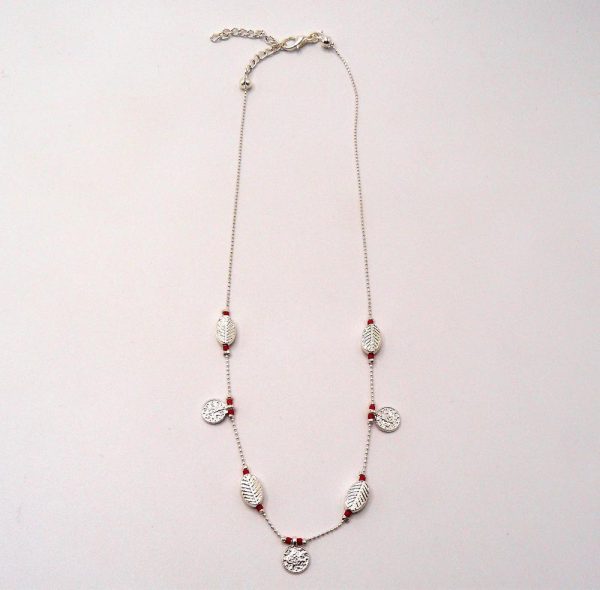 Silver Plated Brass Thin Chain Necklace with Red Beads, Shiny Silver Plated Brass Charms, Ethnic Coins and Lobster Clasp Adjustable Closure.