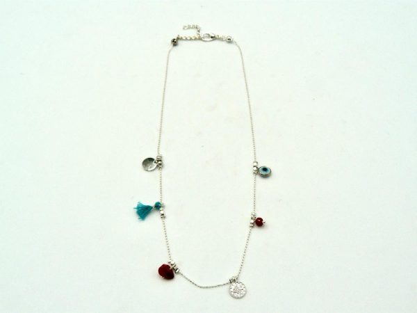 Silver Plated Brass Thin Chain Necklace with Colored Beads, Shiny Silver Plated Brass Charms, Ethnic Coins and Lobster Clasp Adjustable Closure