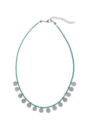 Silver plated brass necklace with Turquoise coloured beads, ethnic coins and lobster clasp adjustable closure.