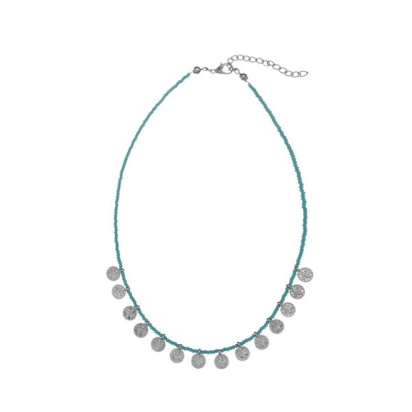 Silver plated brass necklace with Turquoise coloured beads, ethnic coins and lobster clasp adjustable closure.