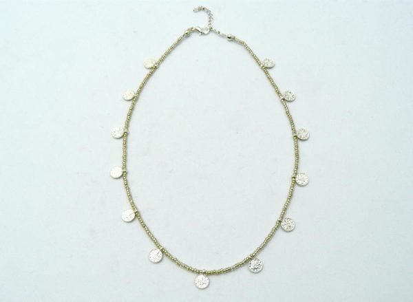 Silver plated brass necklace with Silver coloured beads, ethnic coins and lobster clasp adjustable closure.
