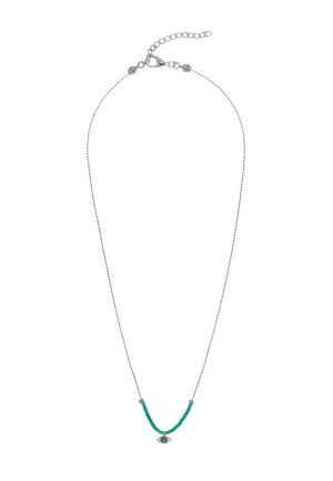 Silver Plated Brass Thin Chain Necklace with Turquoise Colored Beads, Eye of Horus Charm and Lobster Clasp Adjustable Closure