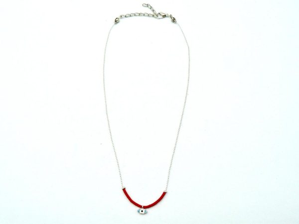 Silver Plated Brass Thin Chain Necklace with Red Beads, Eye of Horus Charm and Lobster Clasp Adjustable Closure