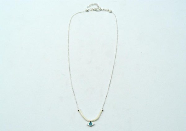 Silver Plated Brass Thin Chain Necklace with White Beads, Eye of Horus Charm and Lobster Clasp Adjustable Closure