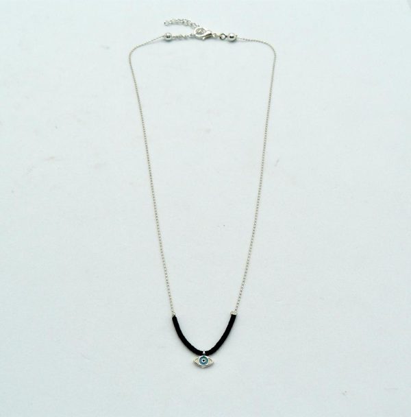 Silver Plated Brass Thin Chain Necklace with Black Beads, Eye of Horus Charm and Lobster Clasp Adjustable Closure