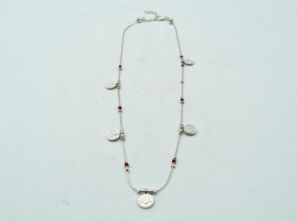 Four Colored Silver plated brass thin chain necklaces with Red colored beads, ethnic coins and lobster clasp adjustable closure.
