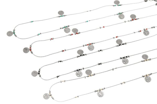 Four Colored Silver plated brass thin chain necklaces with coloured beads, ethnic coins and lobster clasp adjustable closure. One of the Necklaces has Black Beads. Another, White Beads. A Third Has Green Colored Beads and The Last One, Red Beads.
