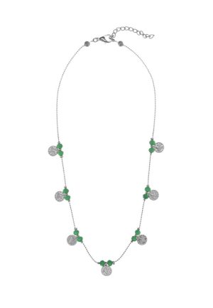 Four Colored Silver plated brass thin chain necklaces with Green colored beads, ethnic coins and lobster clasp adjustable closure.