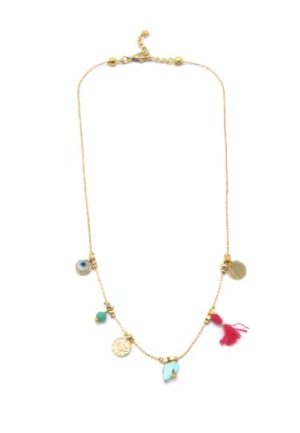 Gold Plated Brass Thin Chain Necklace with Colored Beads, Shiny Gold Plated Brass Charms, Ethnic Coins and Lobster Clasp Adjustable Closure.