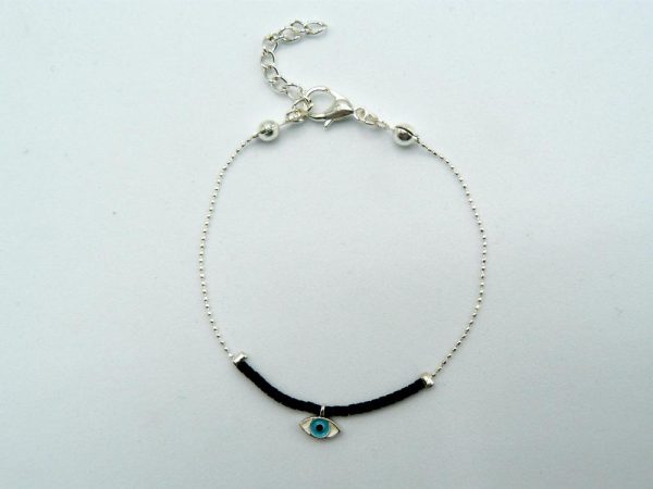 Silver Plated Brass Thin Chain Bracelet with Black Beads, Eye of Horus Charm and Lobster Clasp Adjustable Closure