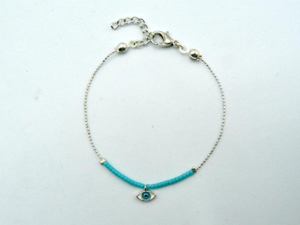 Silver Plated Brass Thin Chain Bracelet with Turquoise Colored Beads, Eye of Horus Charm and Lobster Clasp Adjustable Closure