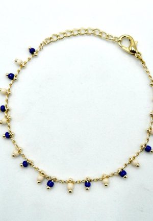 Gold Plated Brass Bracelet with Alternating White and Blue Beads