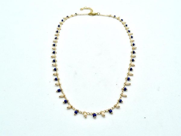 Gold Plated Brass Necklace with Alternating White and Blue Beads