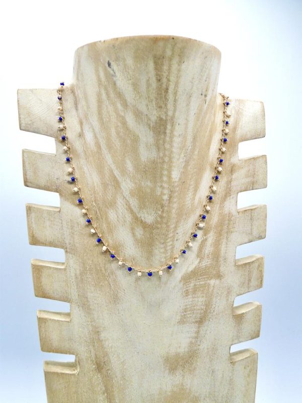 Gold Plated Brass Necklace with Alternating White and Blue Beads