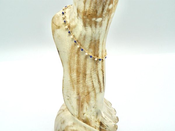 Gold Plated Brass Anklet with Alternating White and Blue Beads
