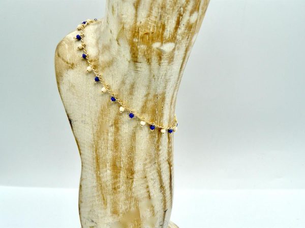 Gold Plated Brass Anklet with Alternating White and Blue Beads